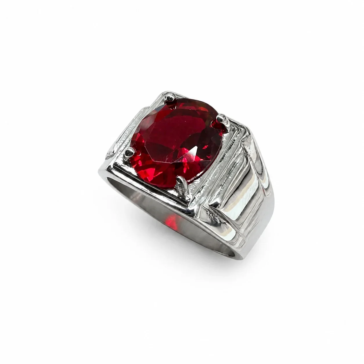 Bold 316 Stainless Steel Oval Stone Signet Ring - Red