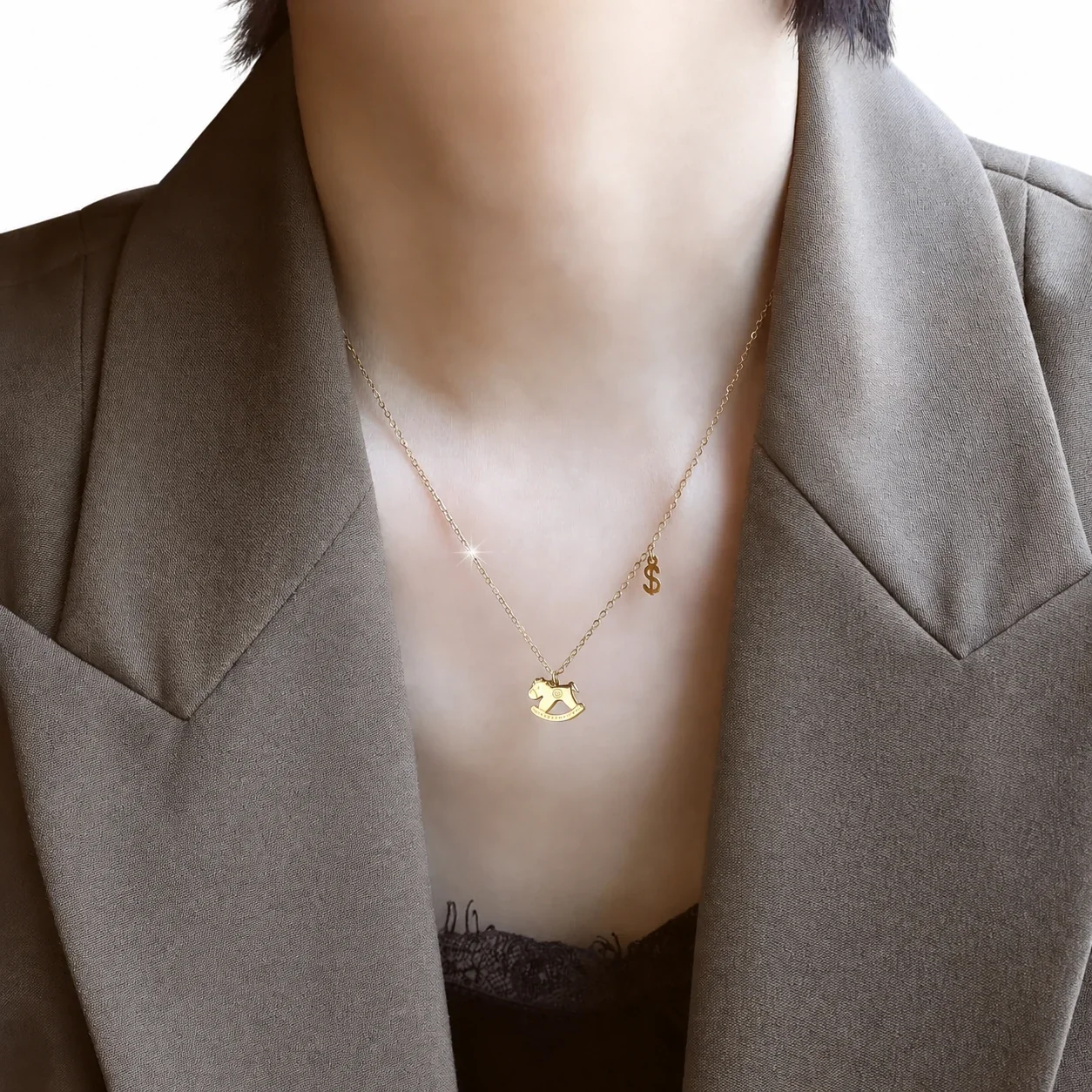 Playful Gold-Plated Stainless Steel Rocking Horse Pendant Necklace