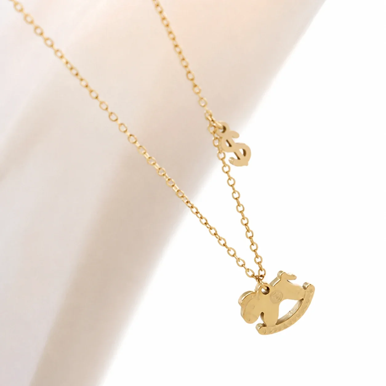 Playful Gold-Plated Stainless Steel Rocking Horse Pendant Necklace