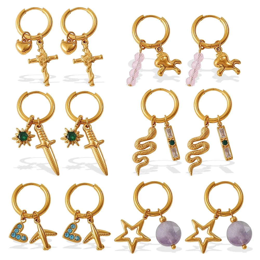 Hoop Earrings with Mixed Charm Drops, 18K Gold-Plated Steel