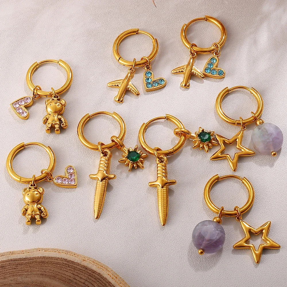 Hoop Earrings with Mixed Charm Drops, 18K Gold-Plated Steel