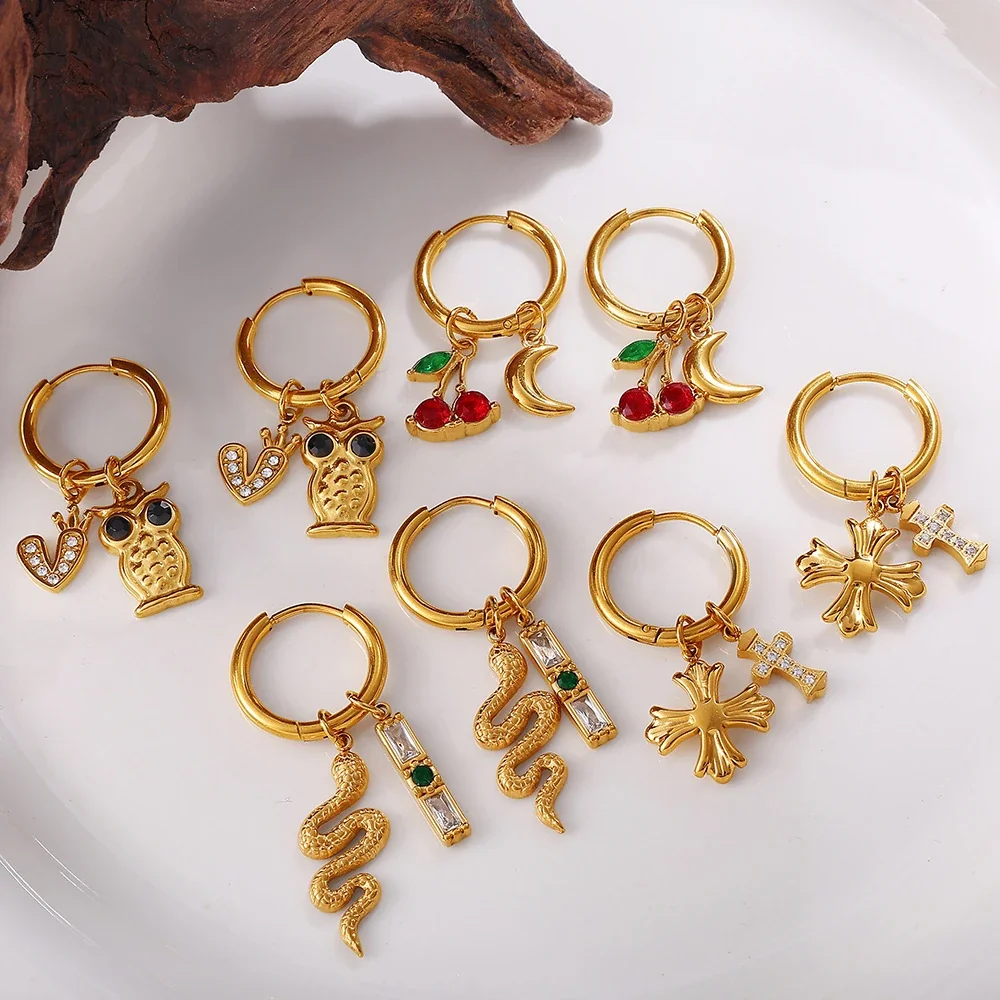 Hoop Earrings with Mixed Charm Drops, 18K Gold-Plated Steel