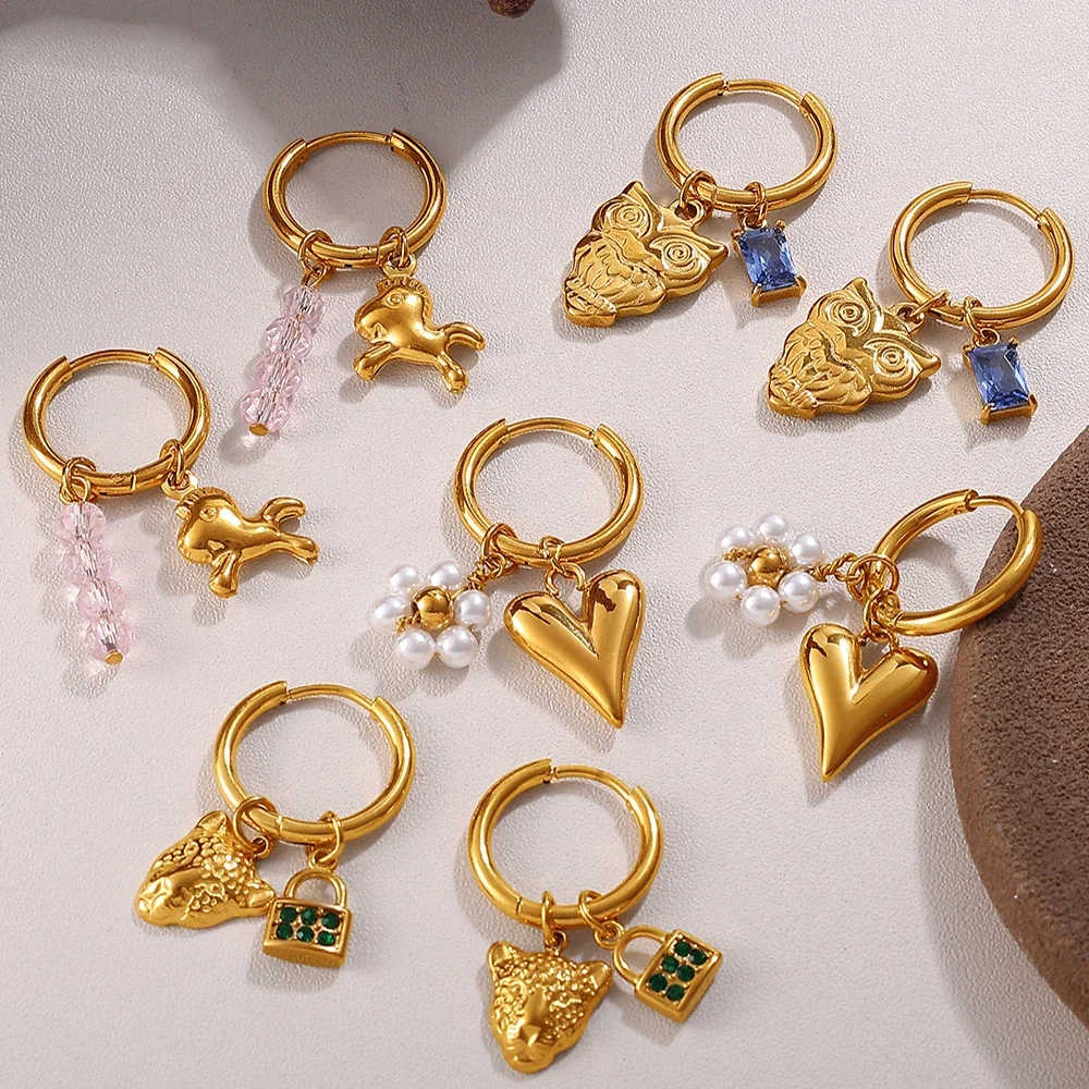 Hoop Earrings with Mixed Charm Drops, 18K Gold-Plated Steel