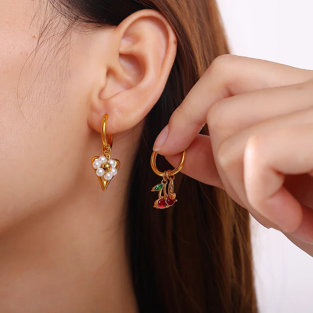 Hoop Earrings with Mixed Charm Drops, 18K Gold-Plated Steel