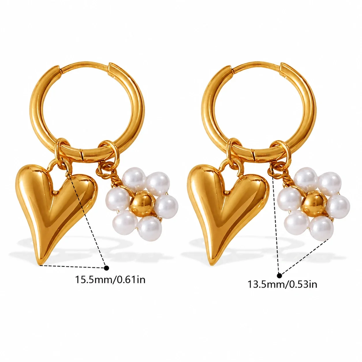 Hoop Earrings with Mixed Charm Drops, 18K Gold-Plated Steel - Gold Owl and Crystal Heart Charm