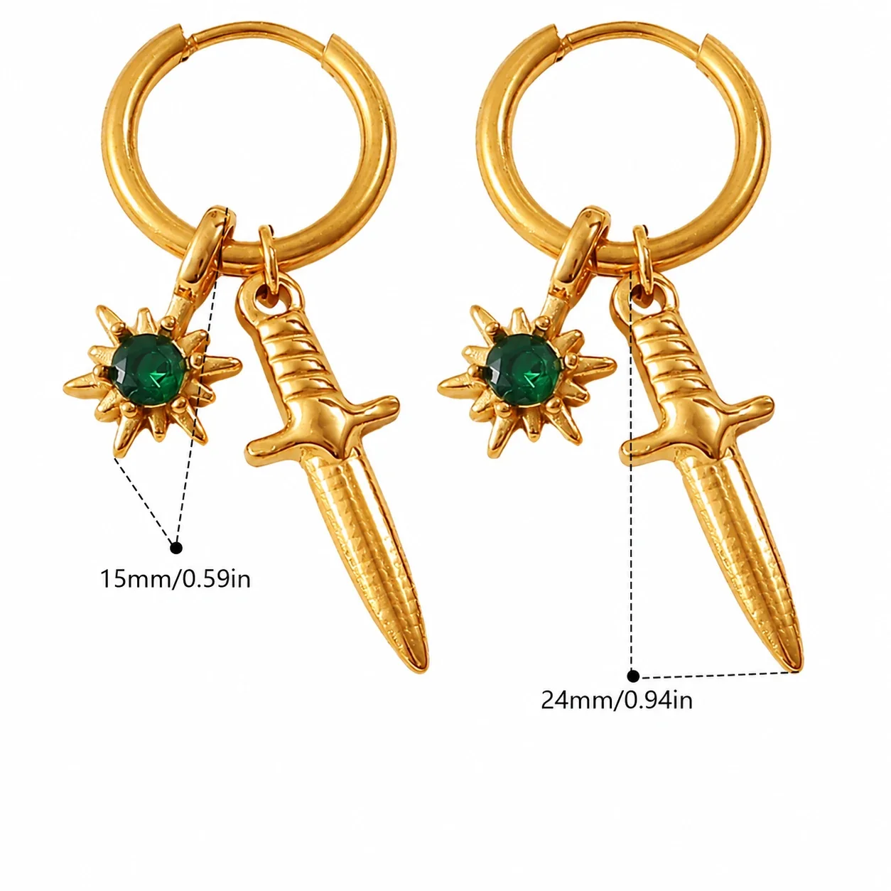 Hoop Earrings with Mixed Charm Drops, 18K Gold-Plated Steel - Gold Tiger and Green Crystal Padlock Charm