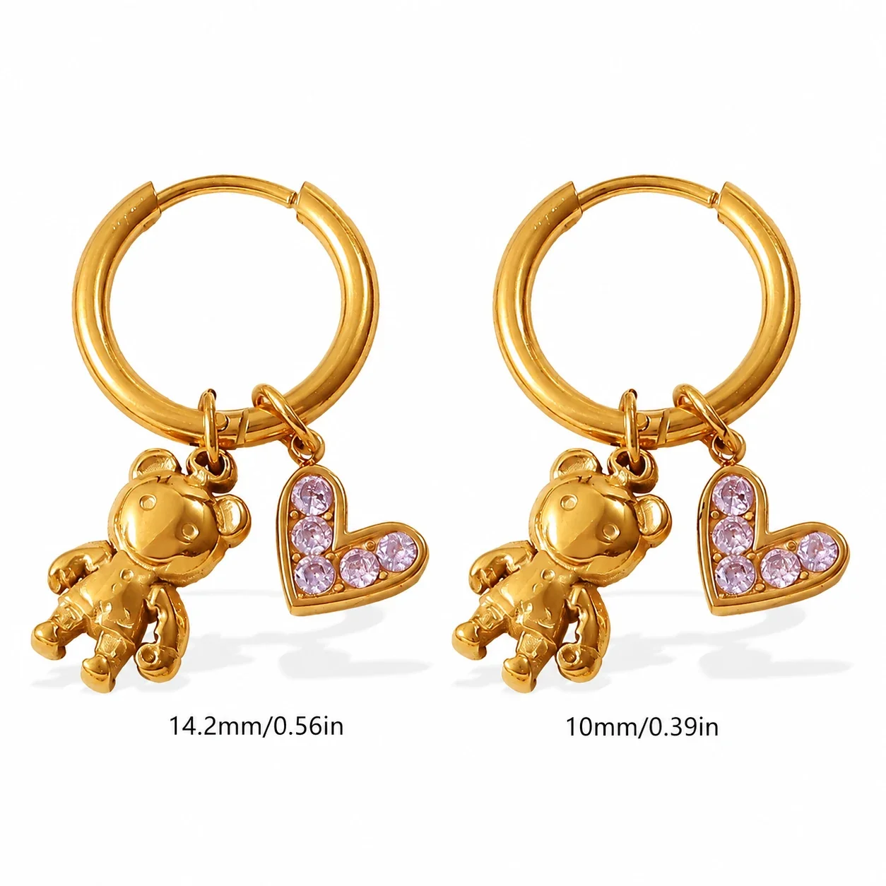 Hoop Earrings with Mixed Charm Drops, 18K Gold-Plated Steel - Gold Airplane and Blue Crystal Heart Charm