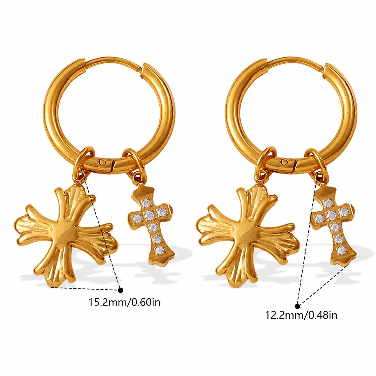 Hoop Earrings with Mixed Charm Drops, 18K Gold-Plated Steel - Gold Teddy and Pink Crystal Heart Charm