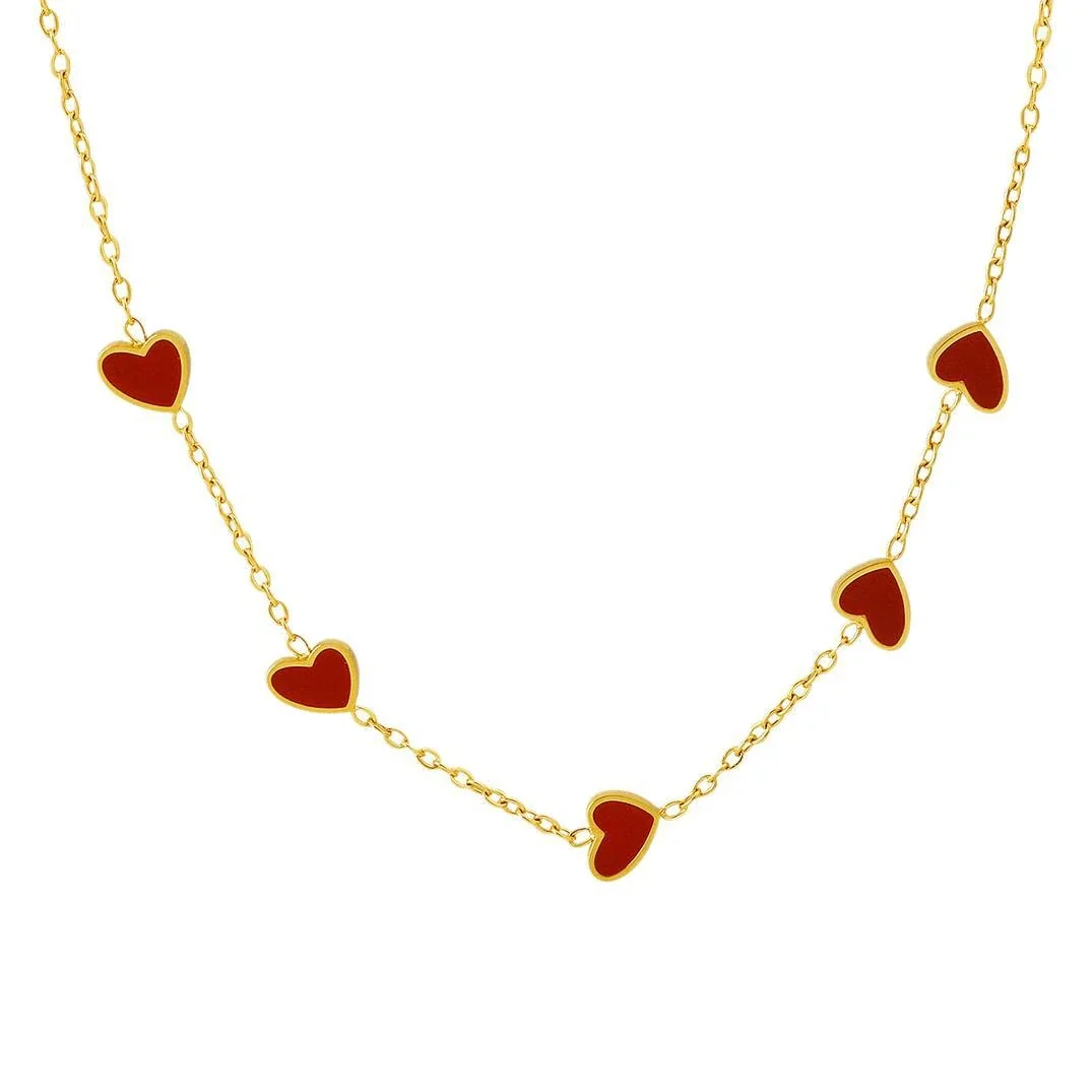 Playful Gold-Plated Red Five-Heart Station Necklace