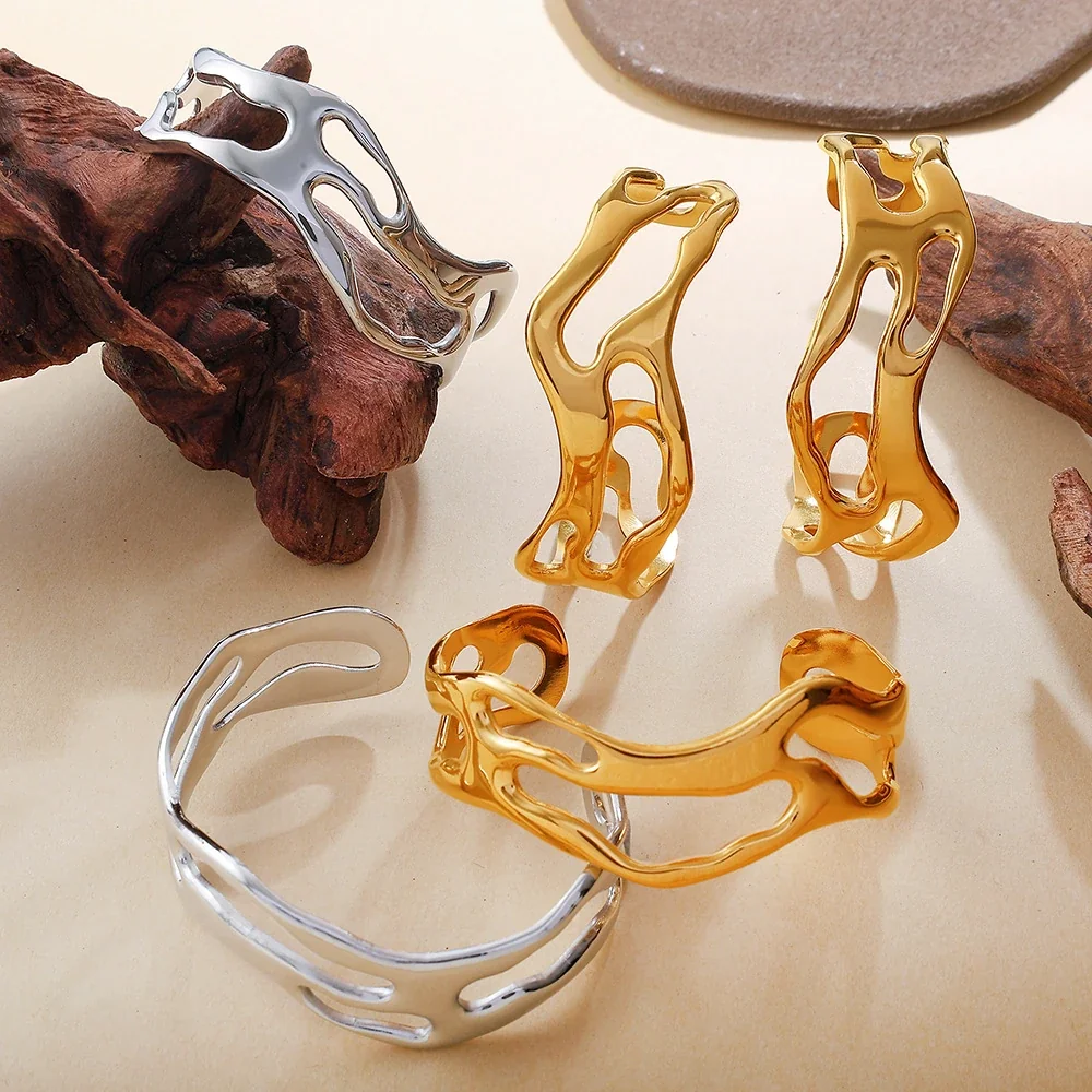 Open Cuff Bracelet, Organic Cutouts, 18K Gold-Plated Steel