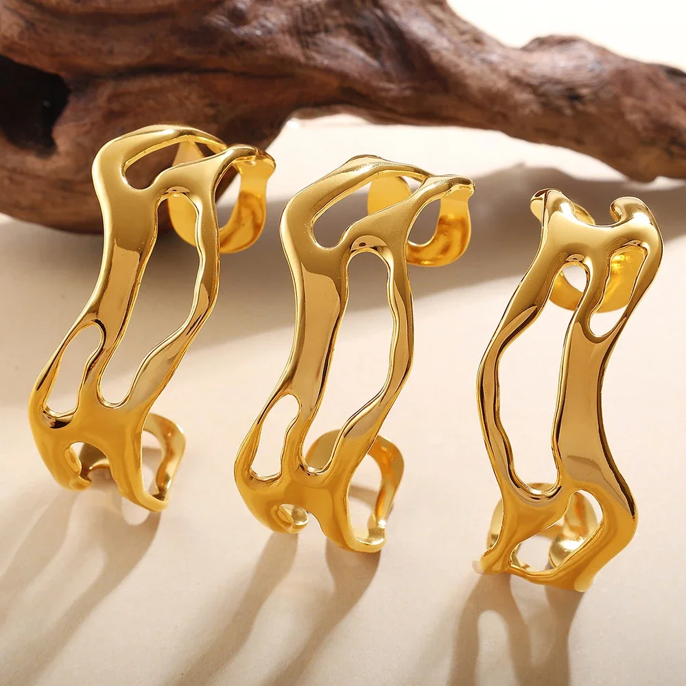 Open Cuff Bracelet, Organic Cutouts, 18K Gold-Plated Steel