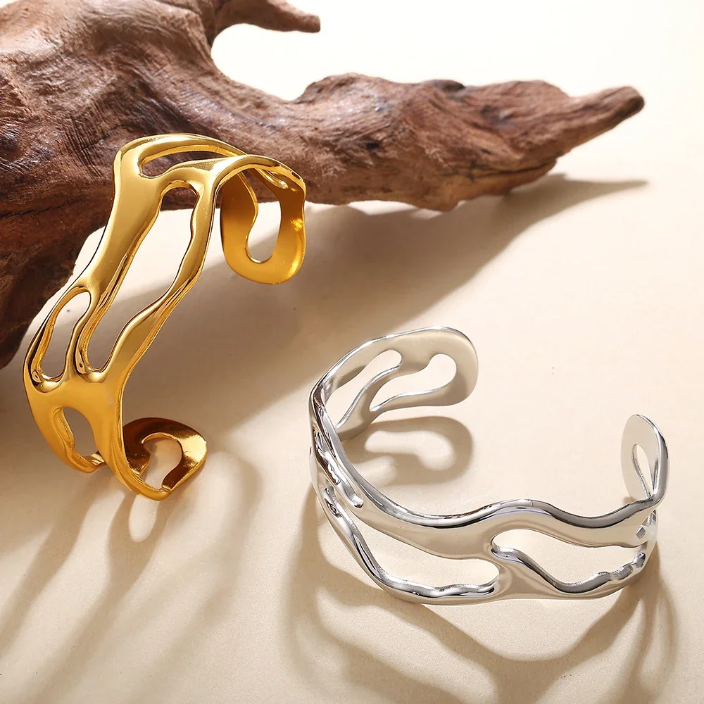 Open Cuff Bracelet, Organic Cutouts, 18K Gold-Plated Steel
