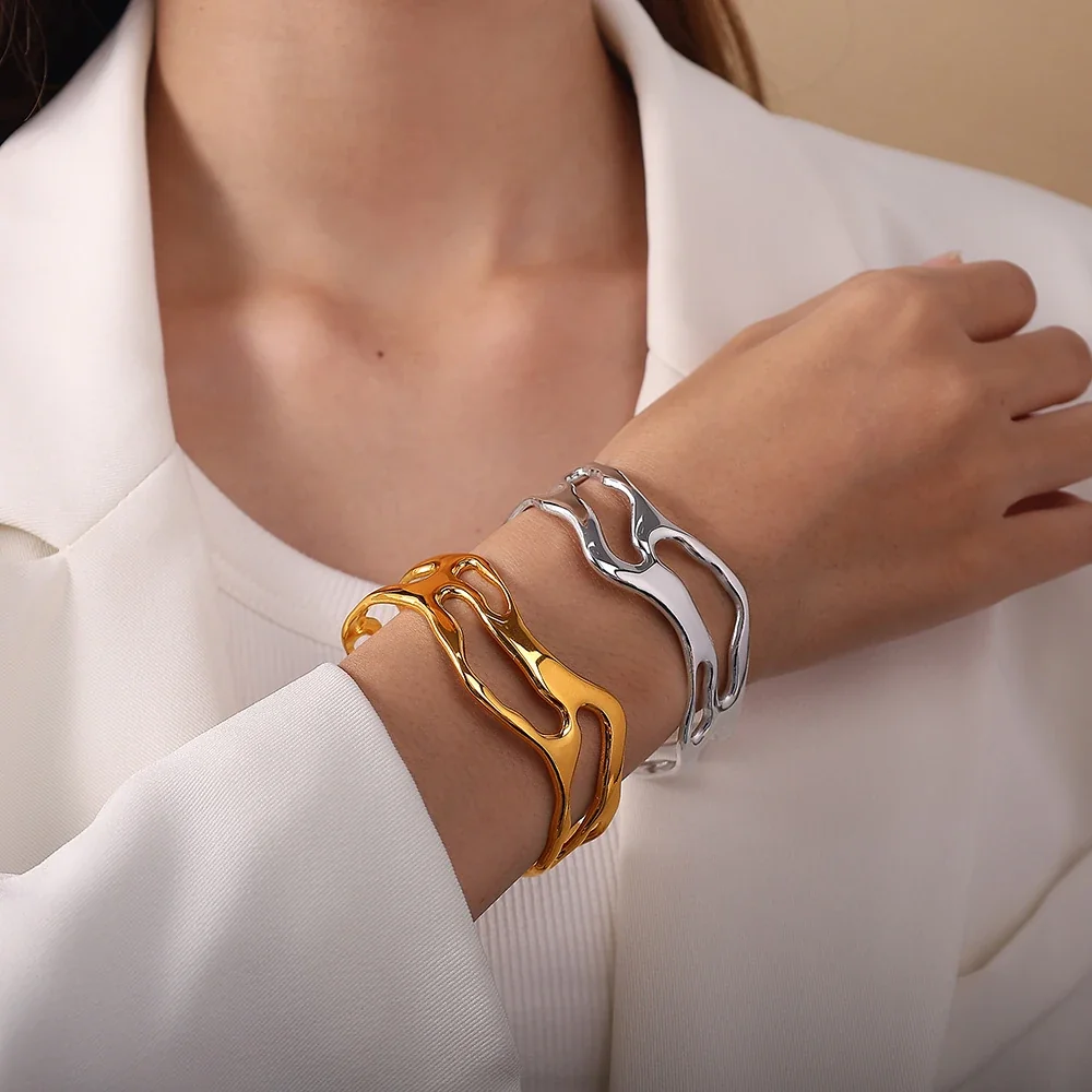 Open Cuff Bracelet, Organic Cutouts, 18K Gold-Plated Steel
