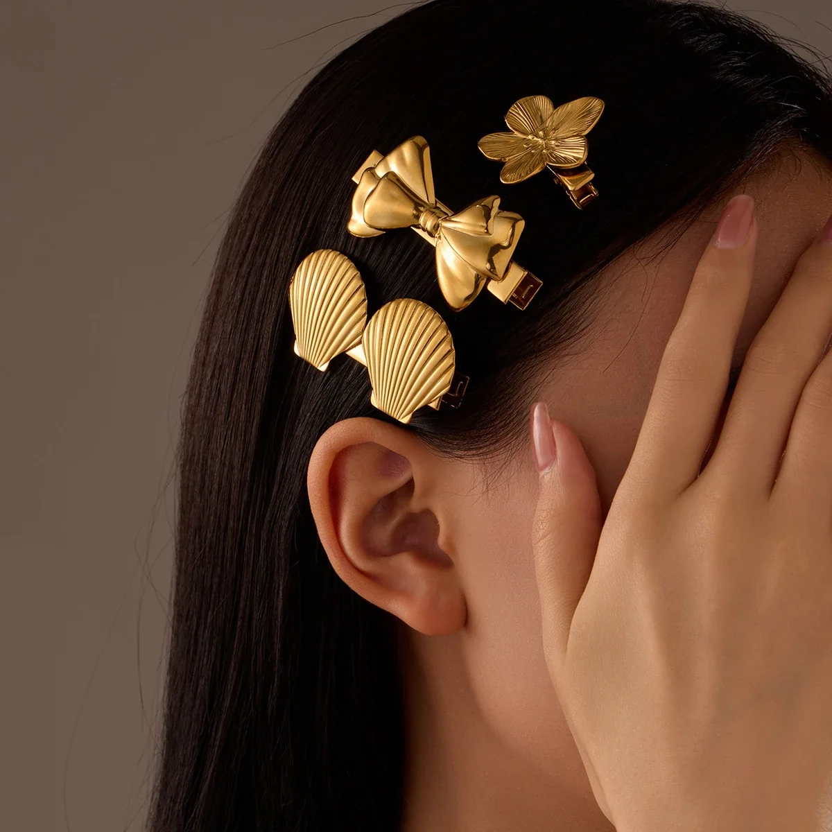 Produktfoto: Gold-Plated Stainless Steel Hair Clips with Bow, Shell & Flower
