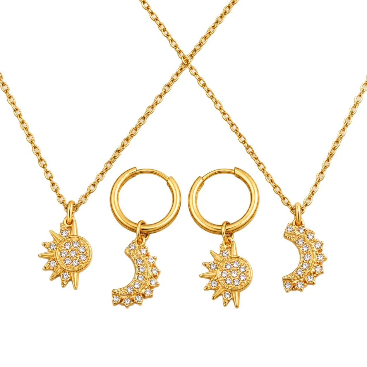 Set de joyería con sol y luna de cristal en acero chapado en oro