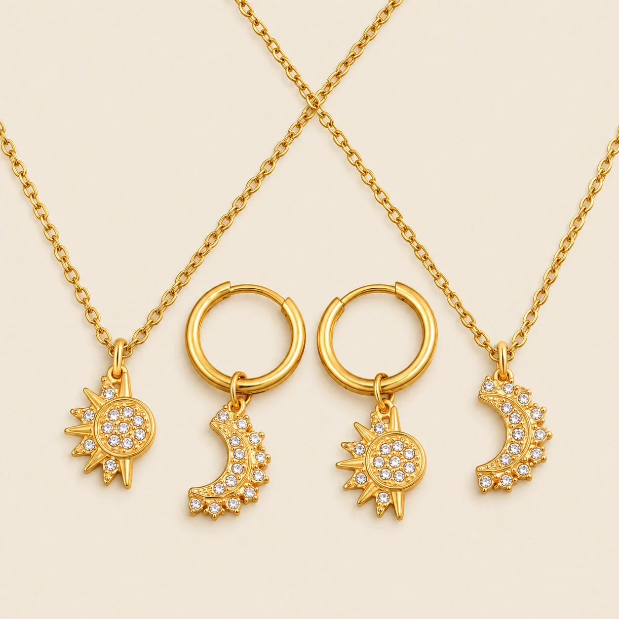 Jewelry Set with Crystal Sun & Moon Gold-Plated Steel