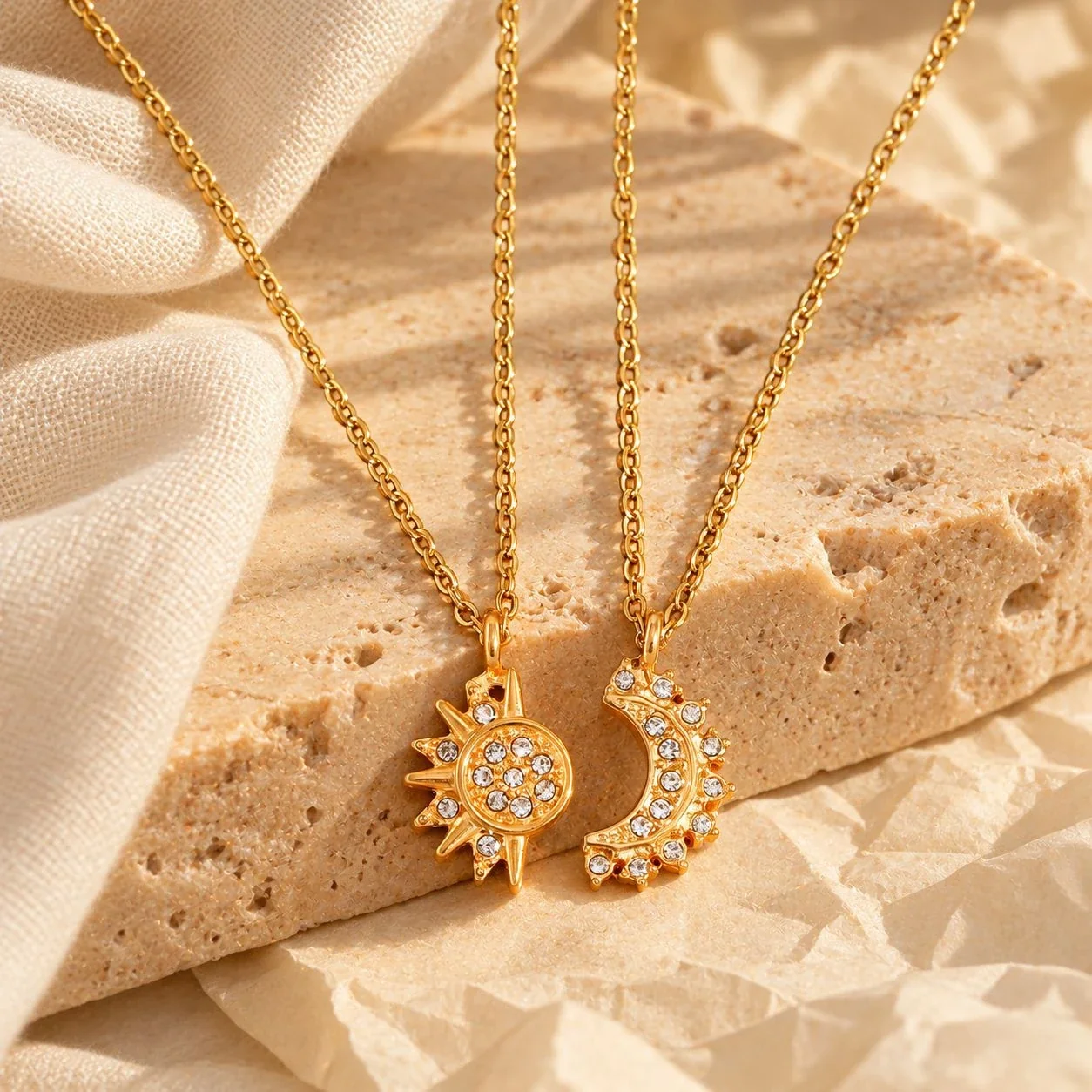 Jewelry Set with Crystal Sun & Moon Gold-Plated Steel