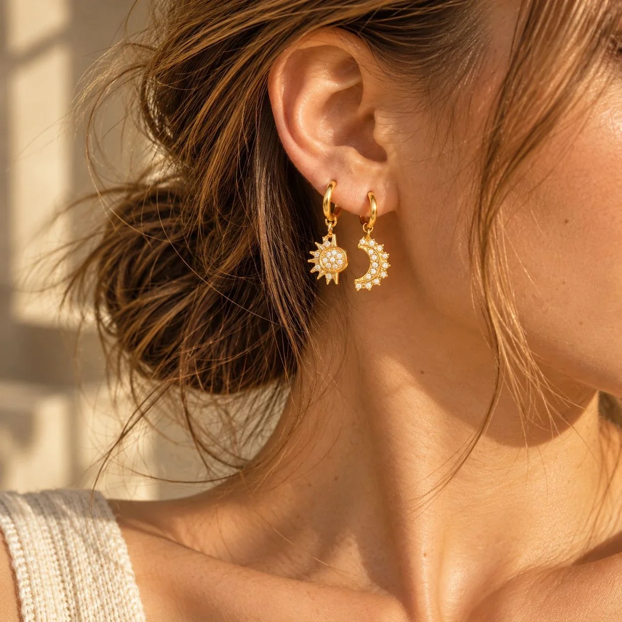 Jewelry Set with Crystal Sun & Moon Gold-Plated Steel