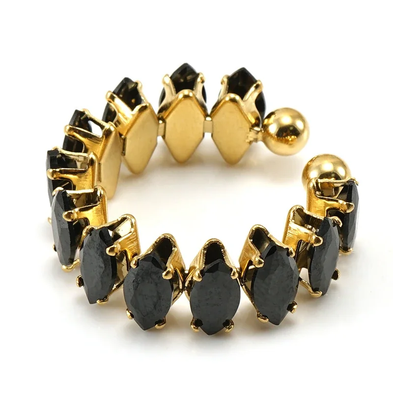 Ornate 18K Gold-Plated Marquise CZ Open Ring - Black