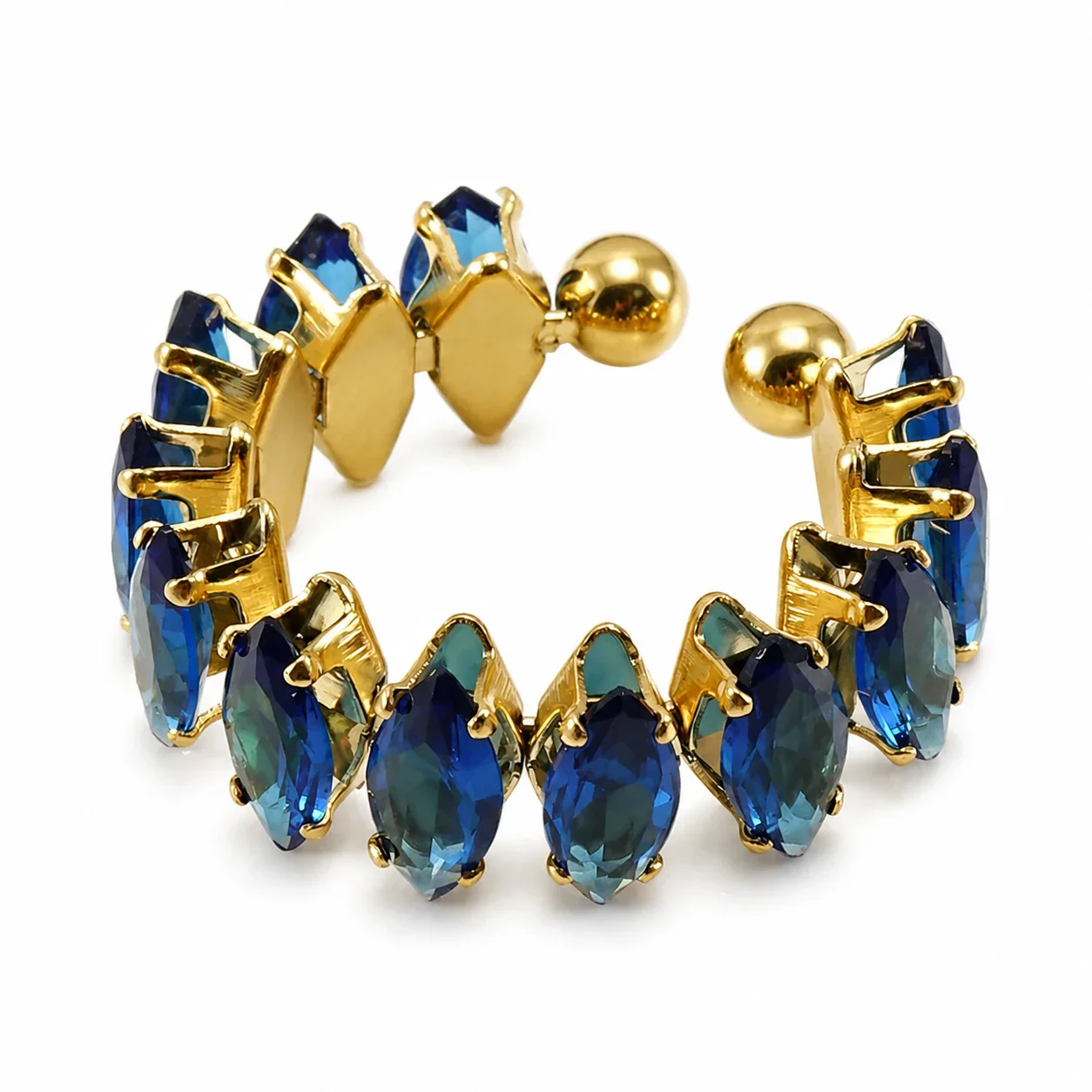 Ornate 18K Gold-Plated Marquise CZ Open Ring - Blue