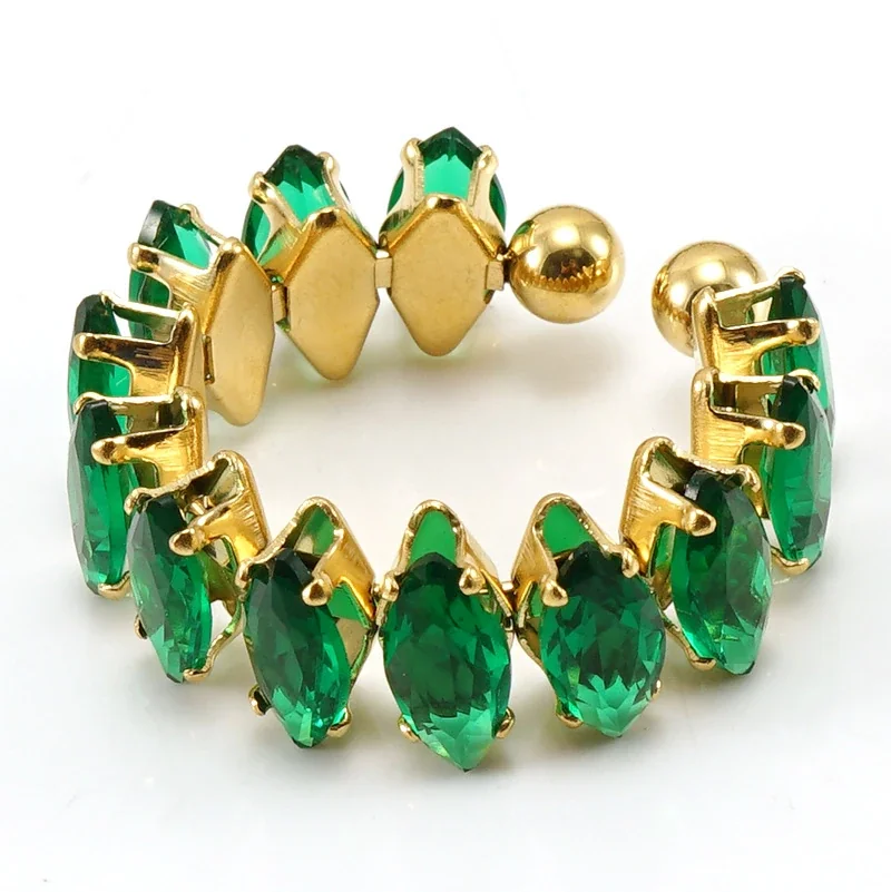 Ornate 18K Gold-Plated Marquise CZ Open Ring - Emerald Green
