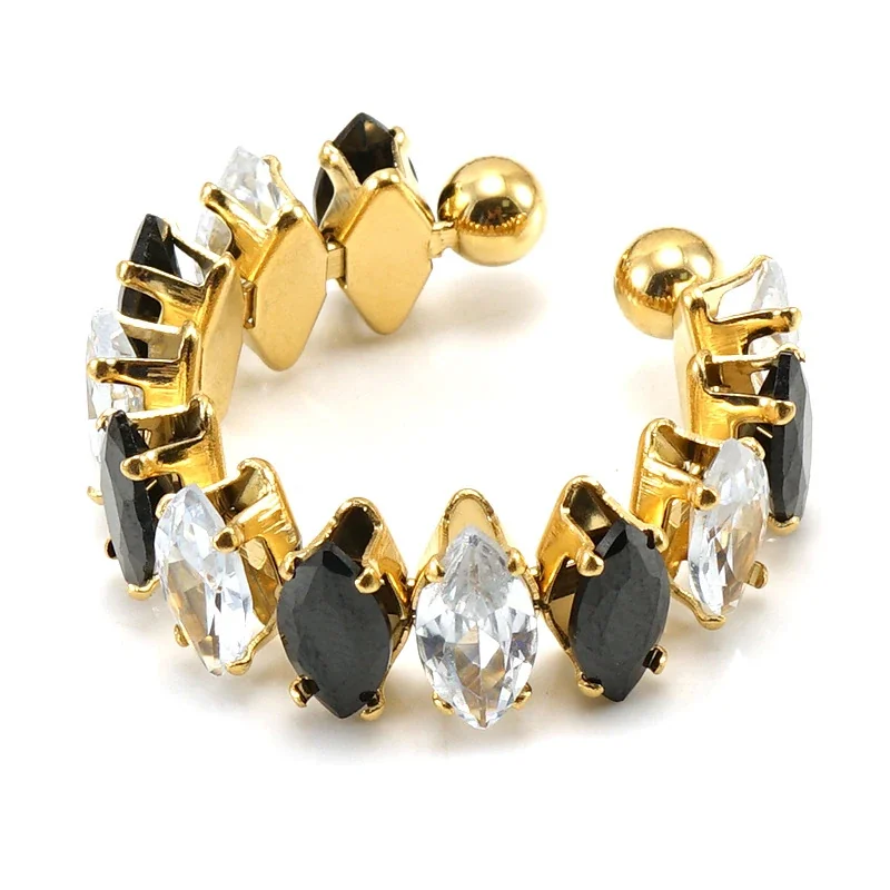 Ornate 18K Gold-Plated Marquise CZ Open Ring - Clear and Black