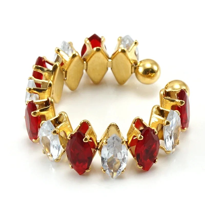 Ornate 18K Gold-Plated Marquise CZ Open Ring - Clear and Red