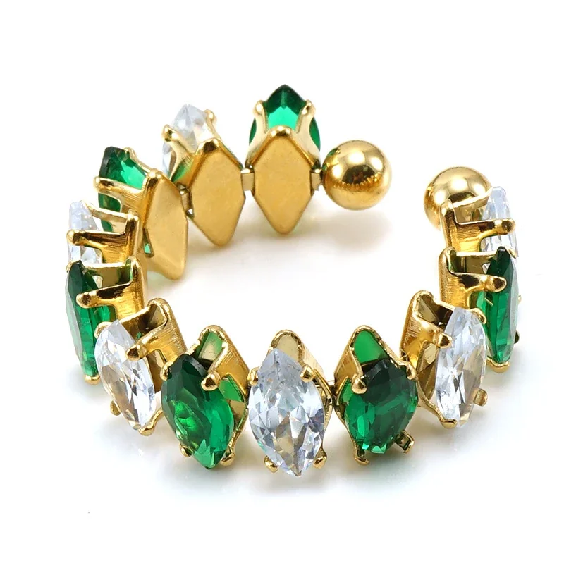 Ornate 18K Gold-Plated Marquise CZ Open Ring - Clear and Green