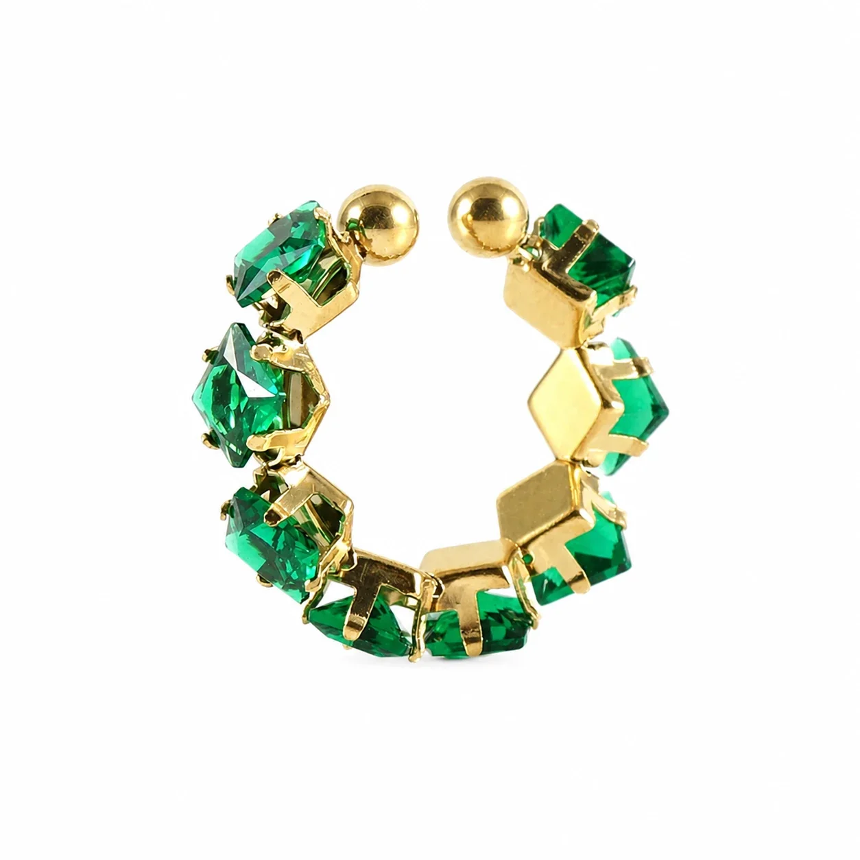 Ornate 18K Gold-Plated Marquise CZ Open Ring - Green