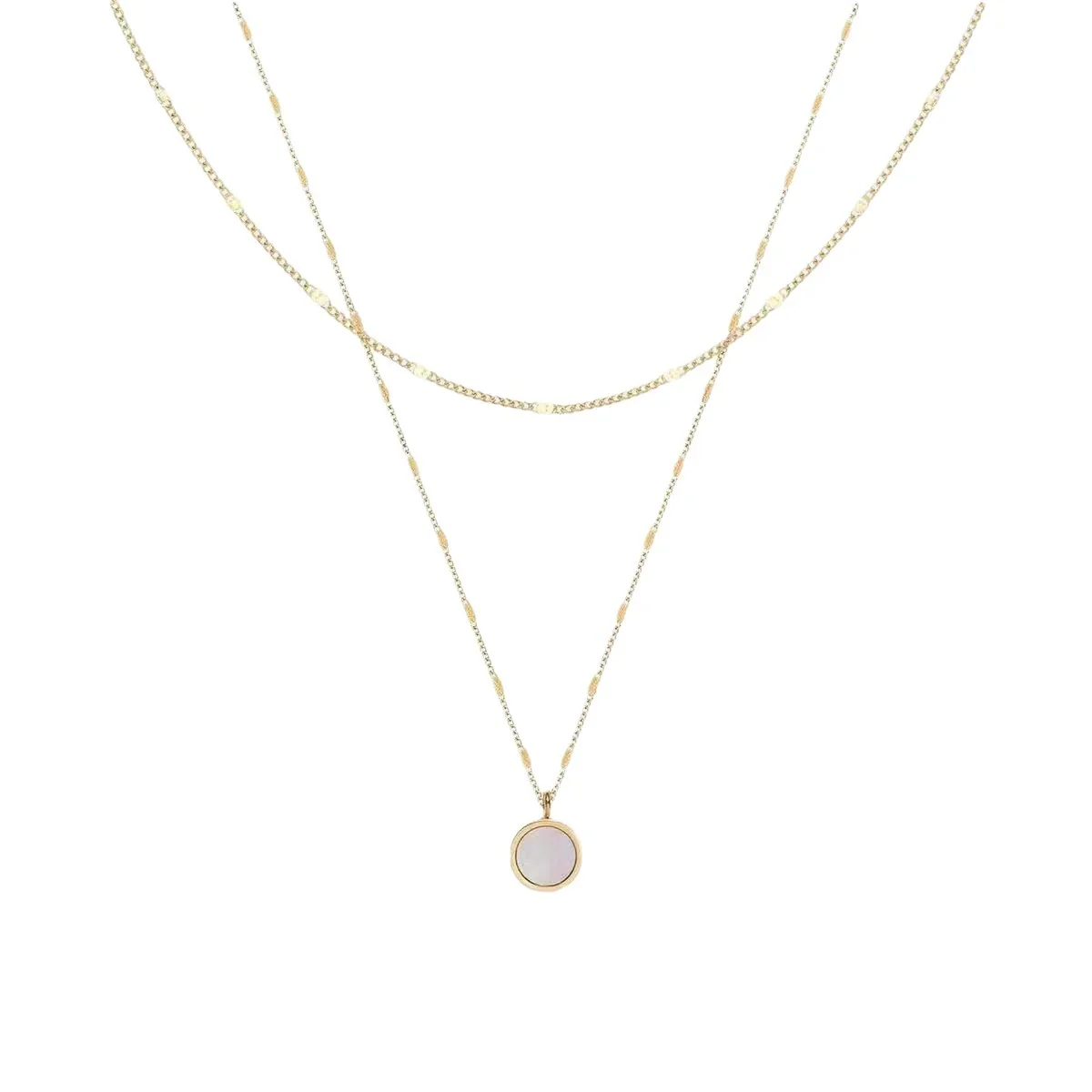 Layered Round Shell Pendant Necklace, 18K Gold-Plated Stainless Steel
