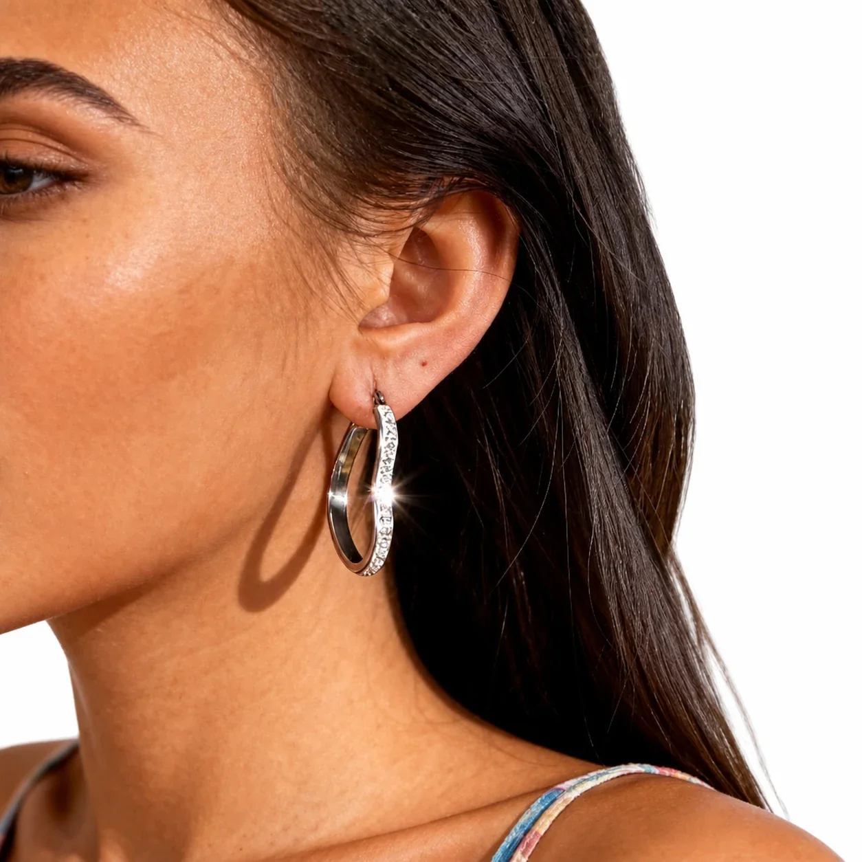 Sculpted 316 Stainless Steel Pavé Heart Hoop Earrings