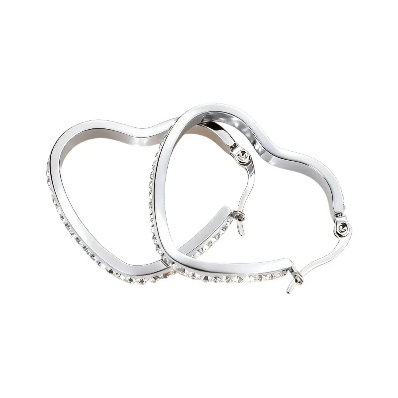 Sculpted 316 Stainless Steel Pavé Heart Hoop Earrings - Silver