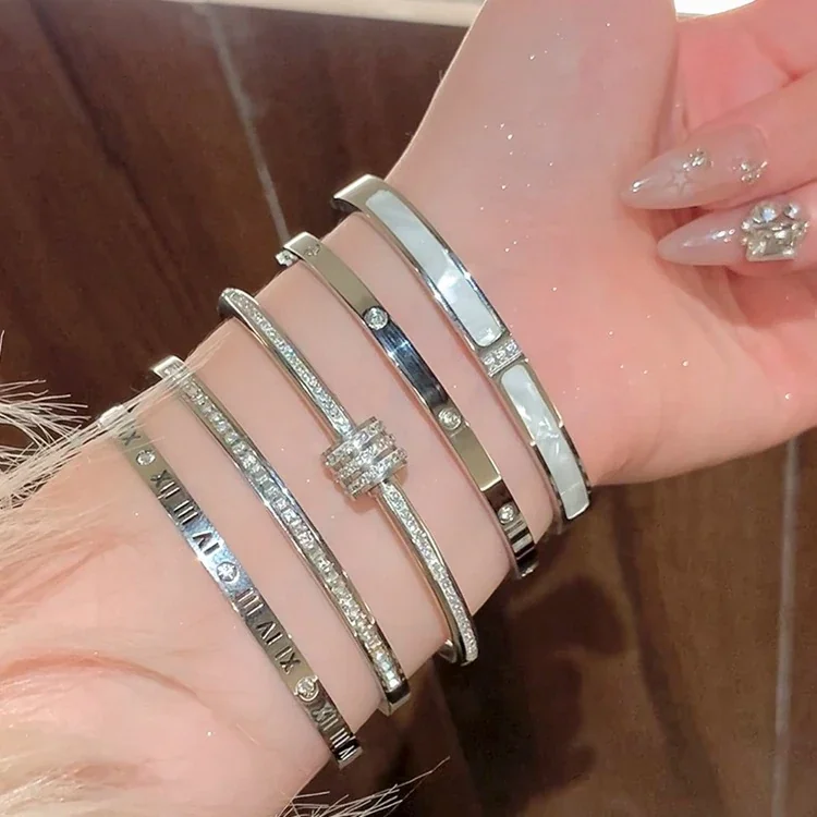 Silver-Plated Crystal Accent Bangle Bracelet, Stainless Steel