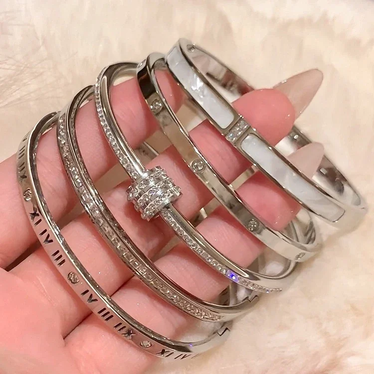 Silver-Plated Crystal Accent Bangle Bracelet, Stainless Steel