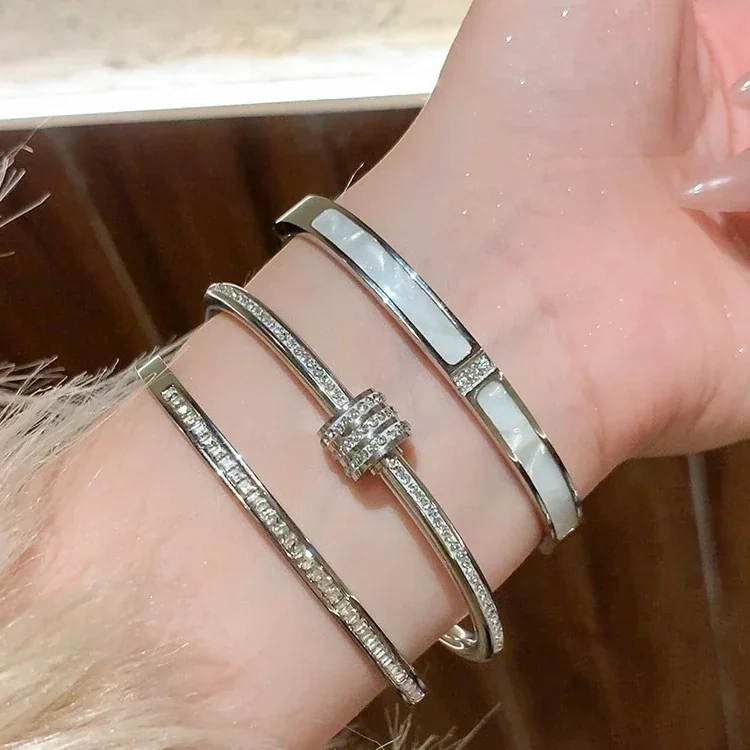 Silver-Plated Crystal Accent Bangle Bracelet, Stainless Steel