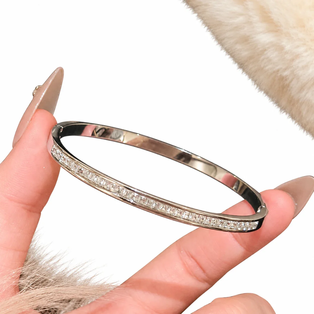 Silver-Plated Crystal Accent Bangle Bracelet, Stainless Steel - Silver All-Over Crystal