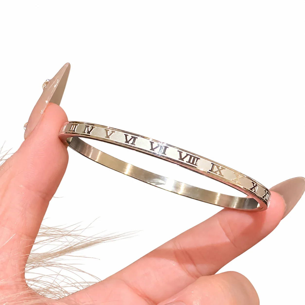 Silver-Plated Crystal Accent Bangle Bracelet, Stainless Steel - Silver Roman