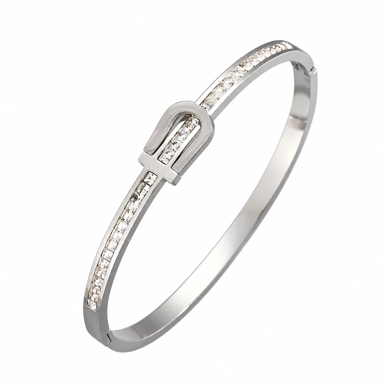 Silver-Plated Crystal Accent Bangle Bracelet, Stainless Steel - Silver Horseshoe Clasp