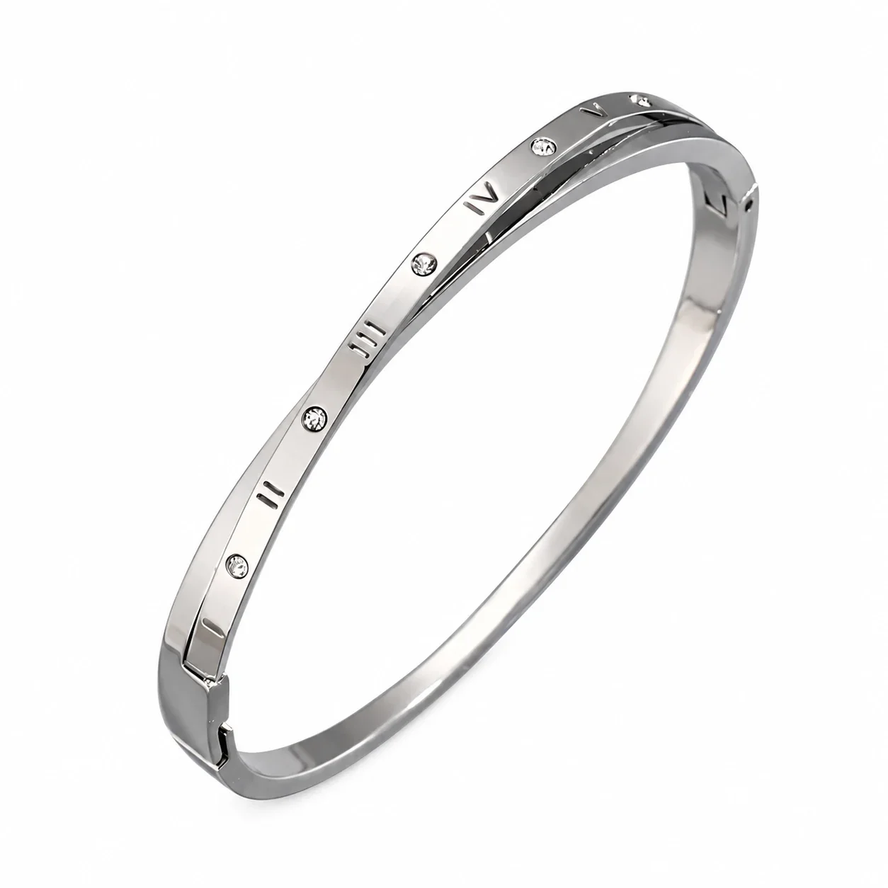 Silver-Plated Crystal Accent Bangle Bracelet, Stainless Steel - Silver Crossed Roman