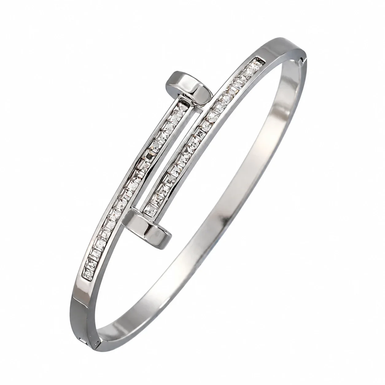 Silver-Plated Crystal Accent Bangle Bracelet, Stainless Steel - Silver Double Stud