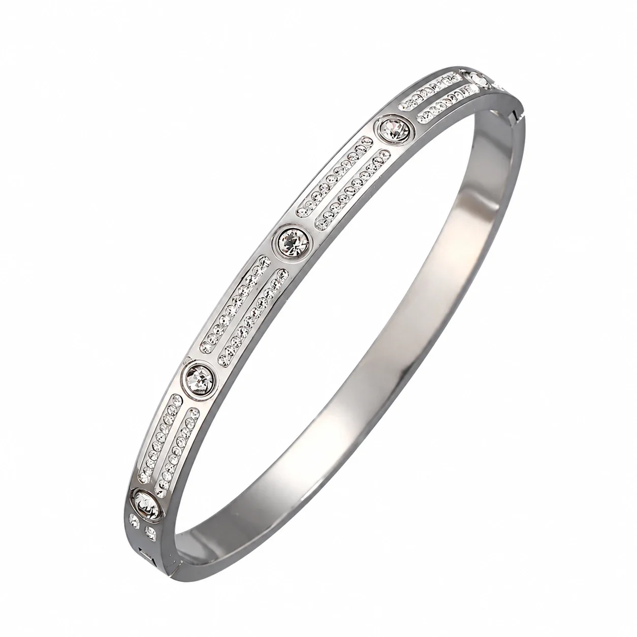 Silver-Plated Crystal Accent Bangle Bracelet, Stainless Steel - Silver Double Crystal Row