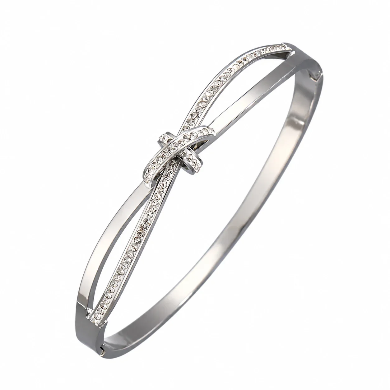 Silver-Plated Crystal Accent Bangle Bracelet, Stainless Steel - Silver Bow