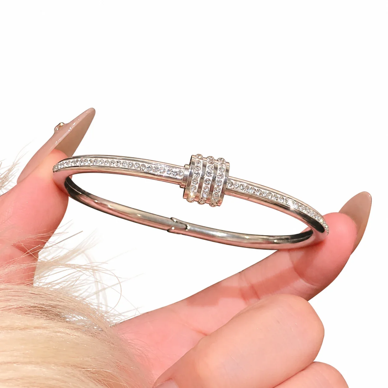 Silver-Plated Crystal Accent Bangle Bracelet, Stainless Steel - Silver Slim Waist