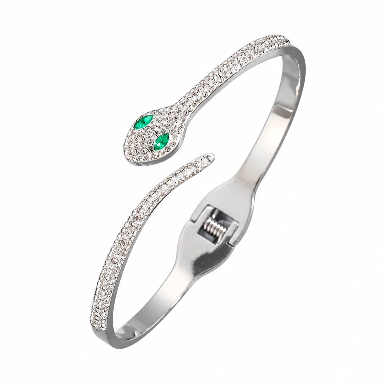 Silver-Plated Crystal Accent Bangle Bracelet, Stainless Steel - Silver Snake