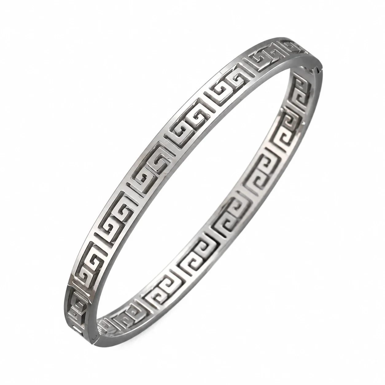 Silver-Plated Crystal Accent Bangle Bracelet, Stainless Steel - Silver Great Wall Pattern