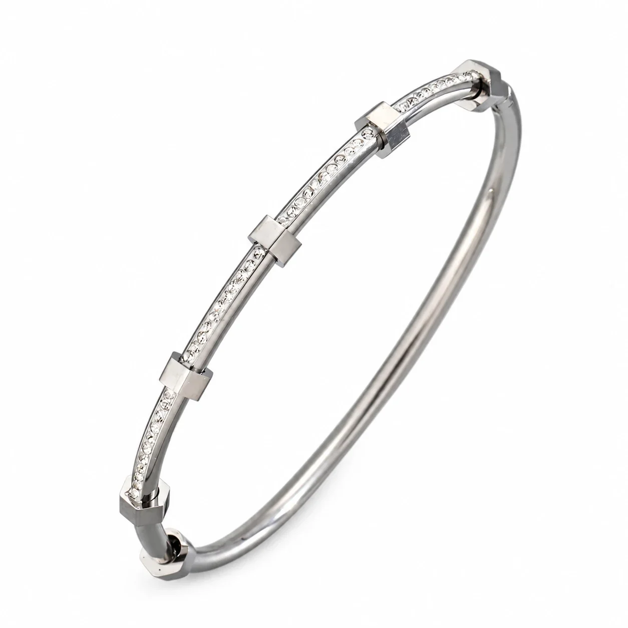 Silver-Plated Crystal Accent Bangle Bracelet, Stainless Steel - Silver Hex Nut