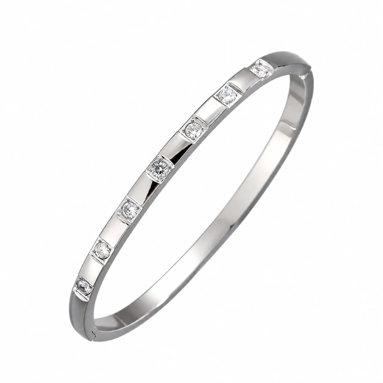 Silver-Plated Crystal Accent Bangle Bracelet, Stainless Steel - Silver Spaced Crystal
