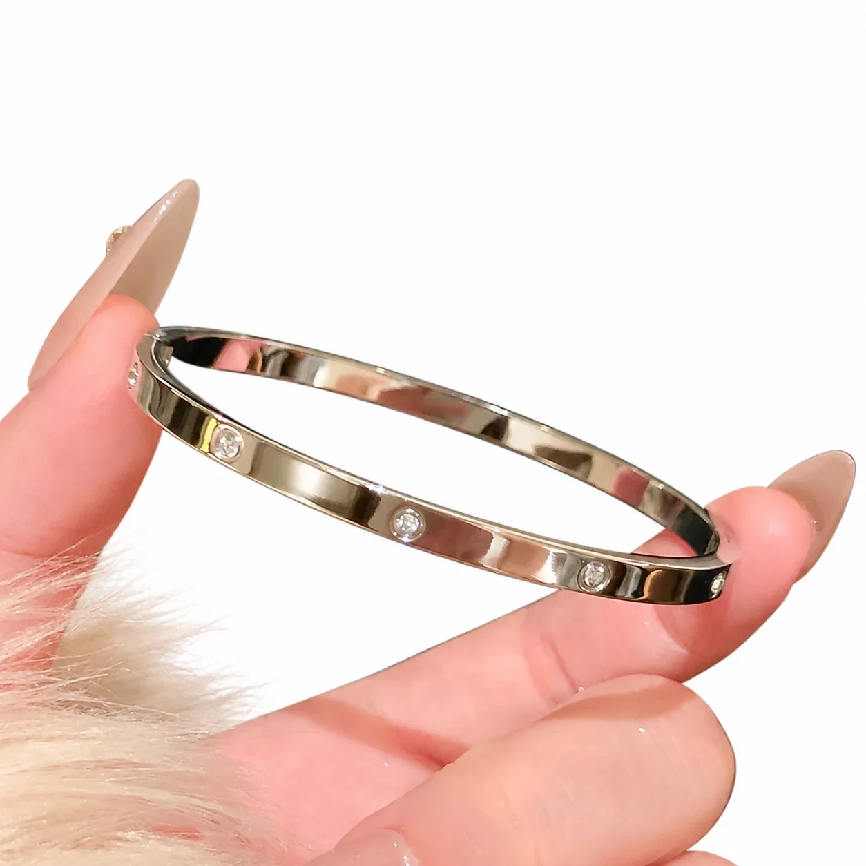 Silver-Plated Crystal Accent Bangle Bracelet, Stainless Steel - Silver 4 mm Crystal Accent