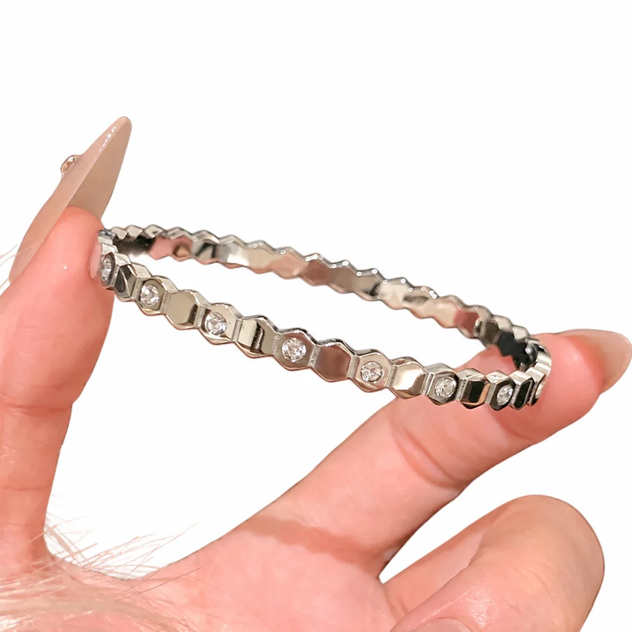 Silver-Plated Crystal Accent Bangle Bracelet, Stainless Steel - Silver Honeycomb