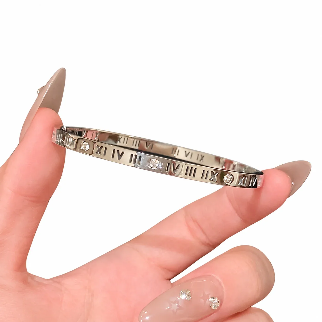 Silver-Plated Crystal Accent Bangle Bracelet, Stainless Steel - Silver Roman Crystal